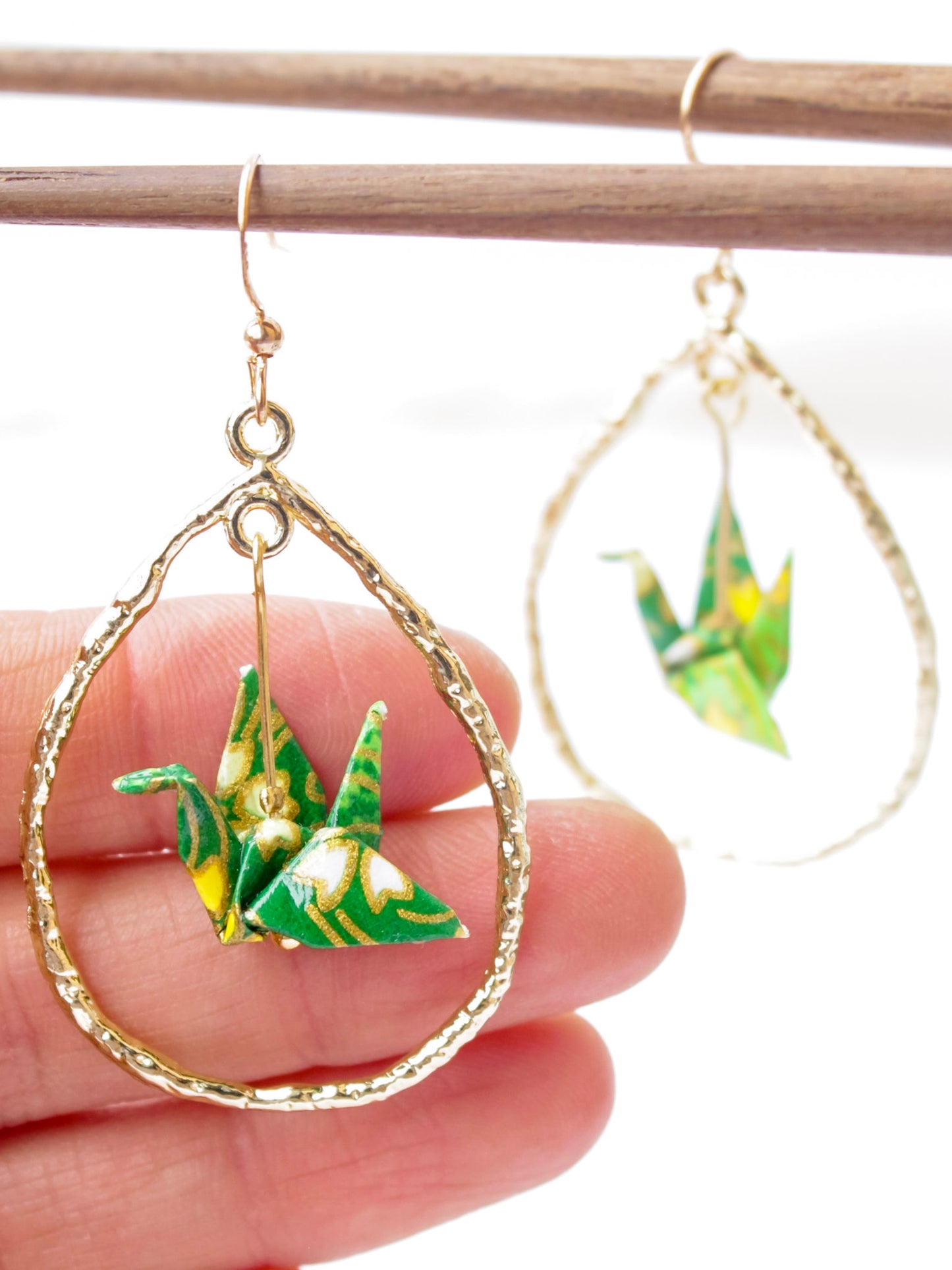 Origami-Crane-Earrings-Tear-Drop-Gold-Loop-Green