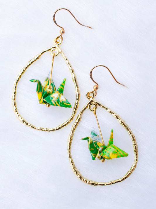 origami-crane-golden-fan-earrings-green