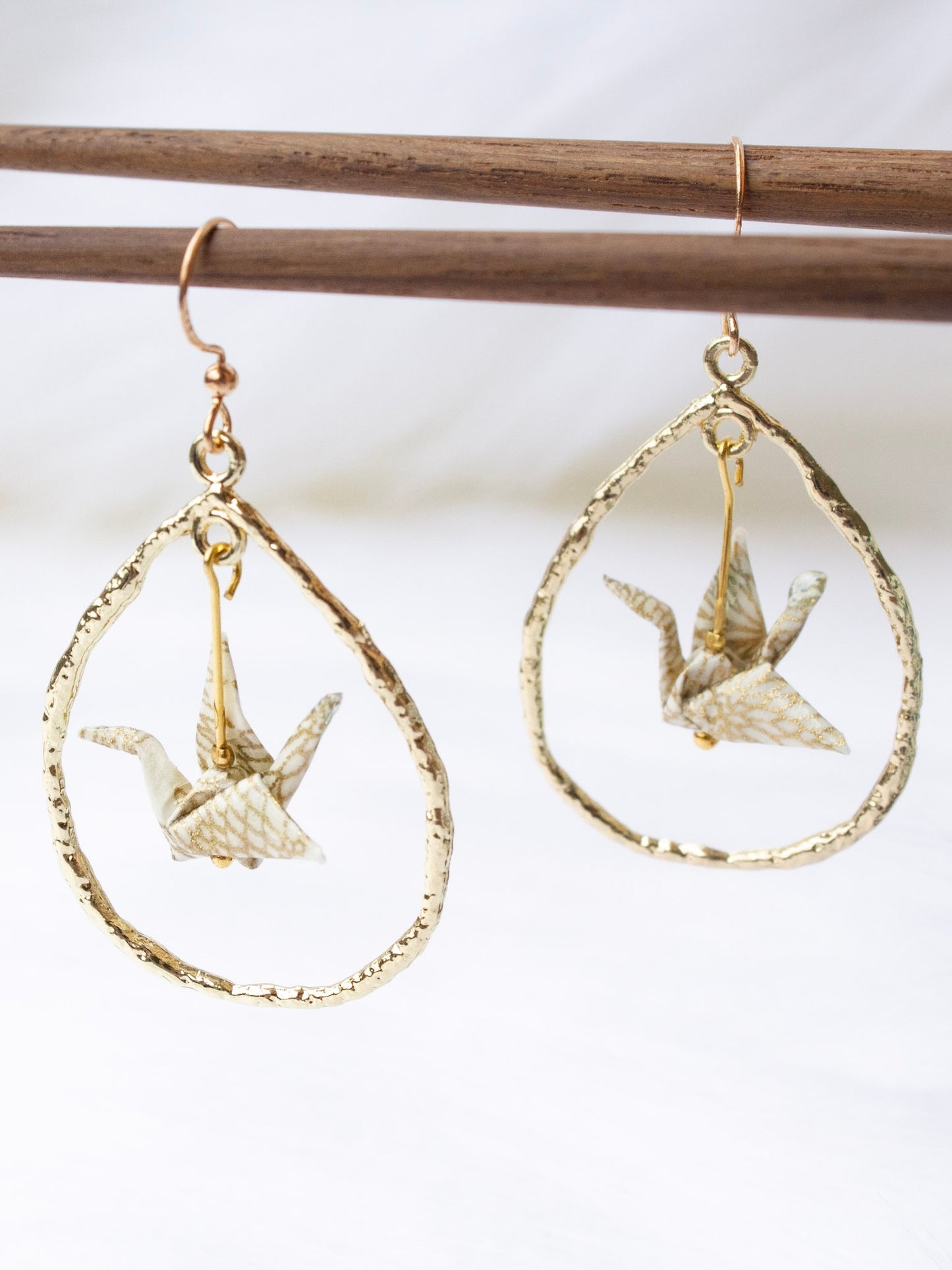 Origami-Crane-Earrings-Tear-Drop-Gold-Loop-White
