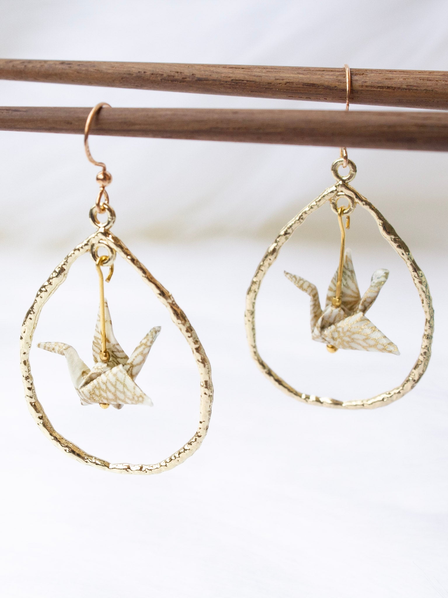 Origami Crane Earrings - Tear Drop Gold Loop – misschopsticks