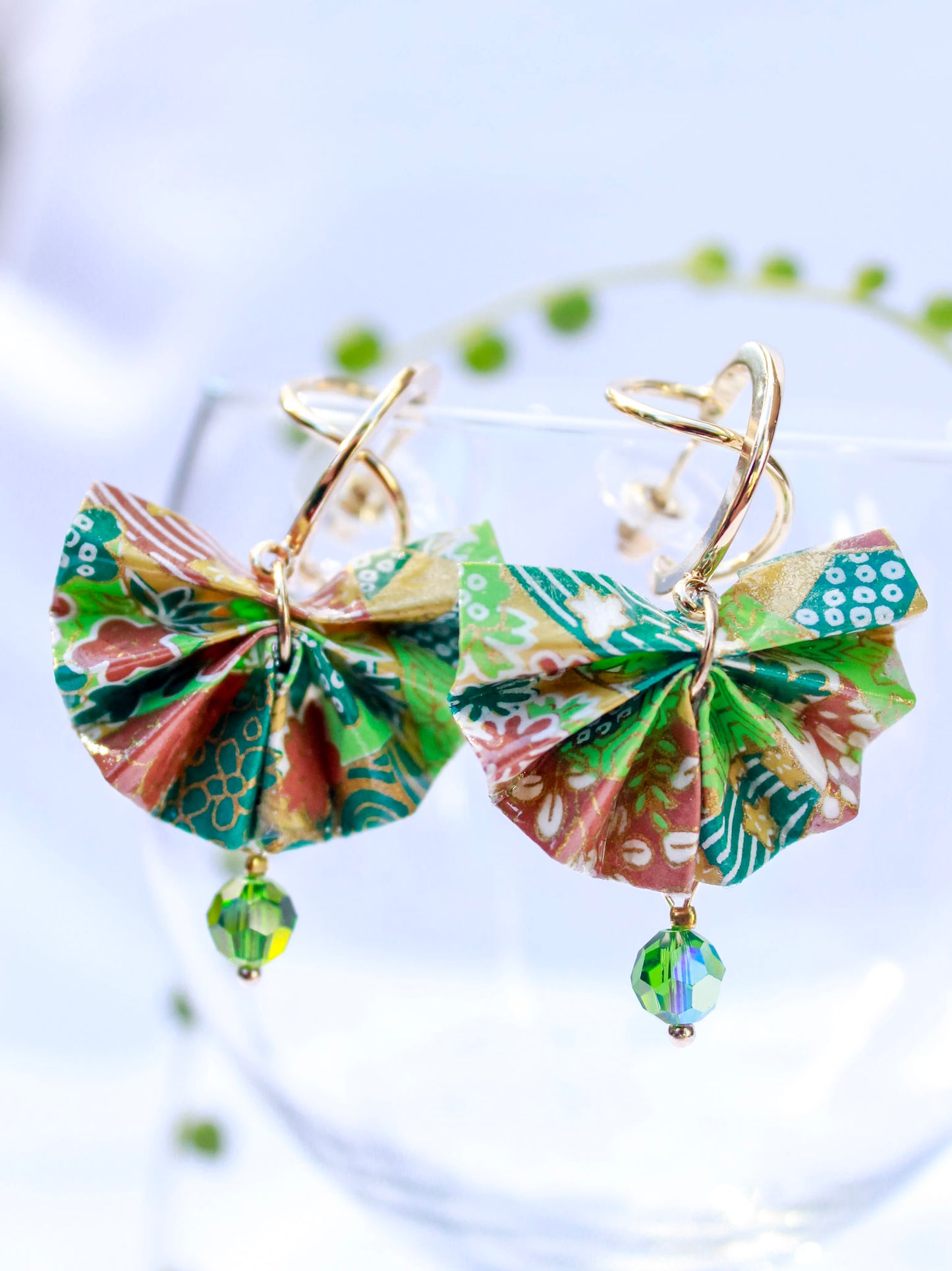 Origami-Earrings-Fan-with-Swarovski-Crystal-Green