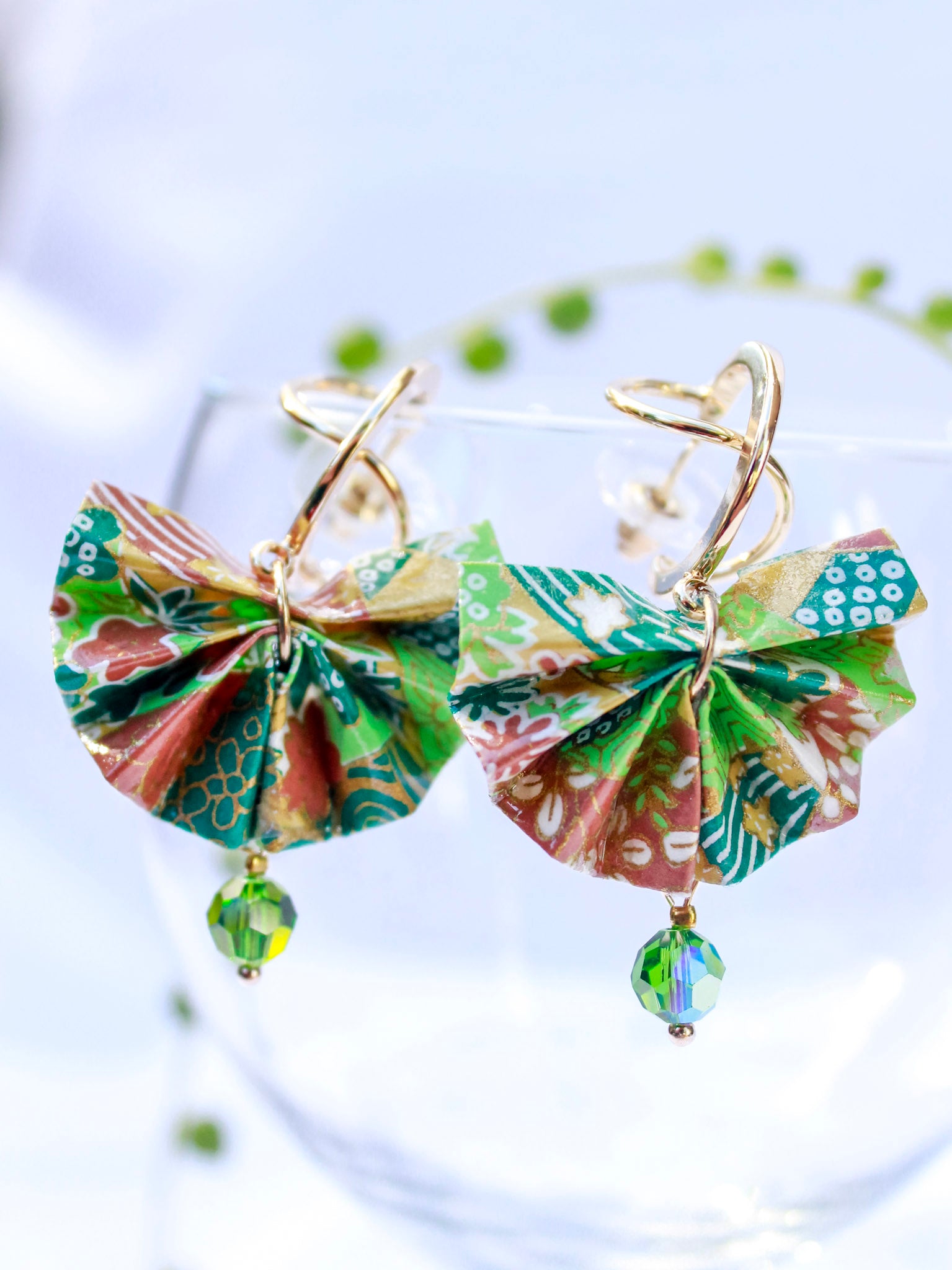 Origami-Earrings-Fan-with-Swarovski-Crystal-Green
