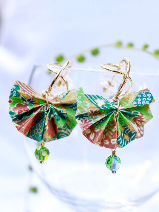 Origami-Earrings-Fan-with-Swarovski-Crystal-Green