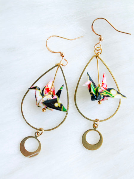 Buy wholesale Origami earrings - Red cranes and golden sequins