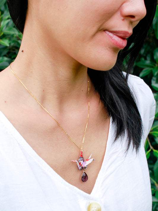 Origami-Necklace-Crane-Gold-Chain-Purple-Gemstone