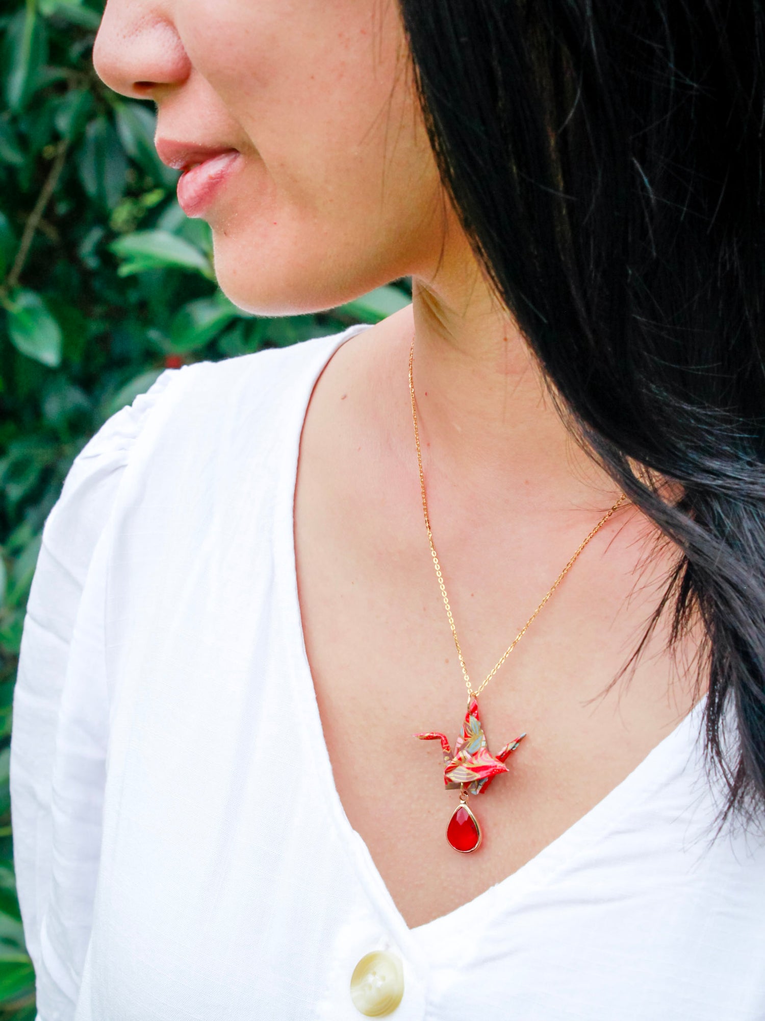 Origami-Necklace-Crane-Gold-Chain-Red-Gemstone