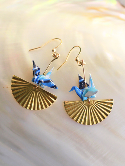 Origami Crane Earrings - Golden Fan modular origami