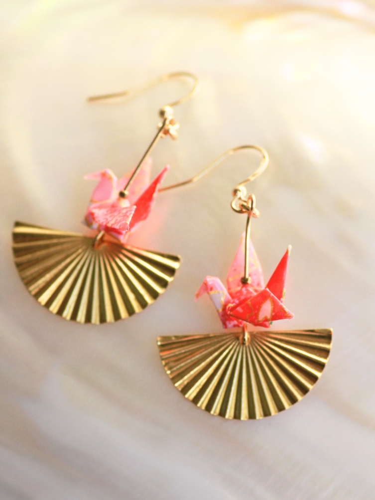 Origami Crane Earrings - Golden Fan modular origami