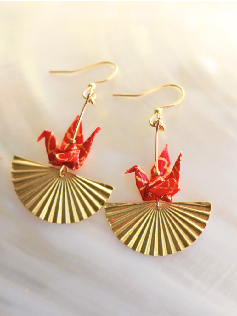 Origami Crane Earrings - Golden Fan modular origami