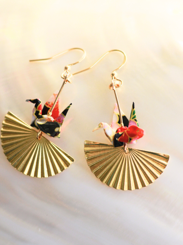 Origami Crane Earrings - Golden Fan modular origami