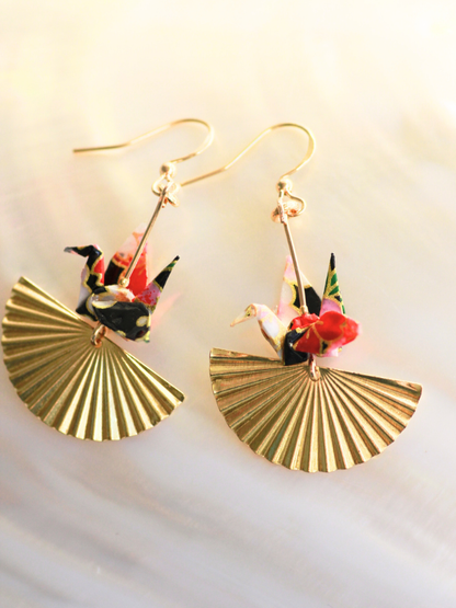 Origami Crane Earrings - Golden Fan modular origami