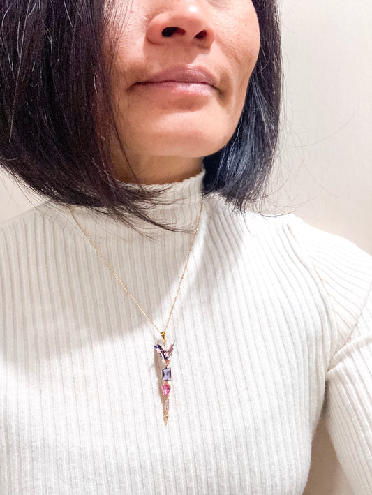 Origami Purple Crane Necklace Graceful Crystal Drops Necklace