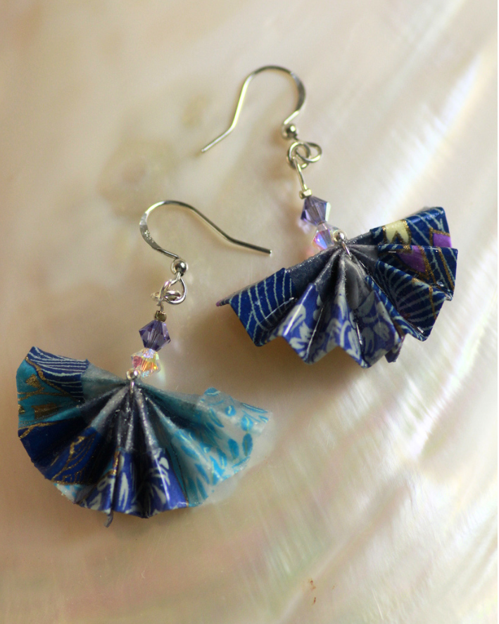 Handmade Origami Earrings – Fan Design with Swarovski Crystal