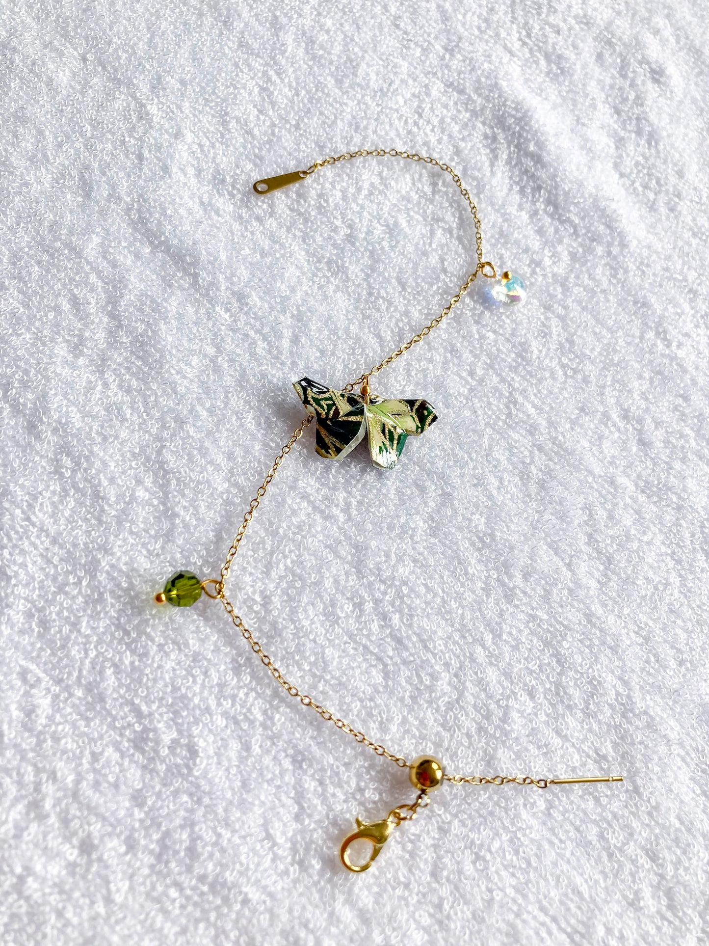 Origami Bracelet - Green Paper Butterfly, Gold Chain, Swarovski Crystals