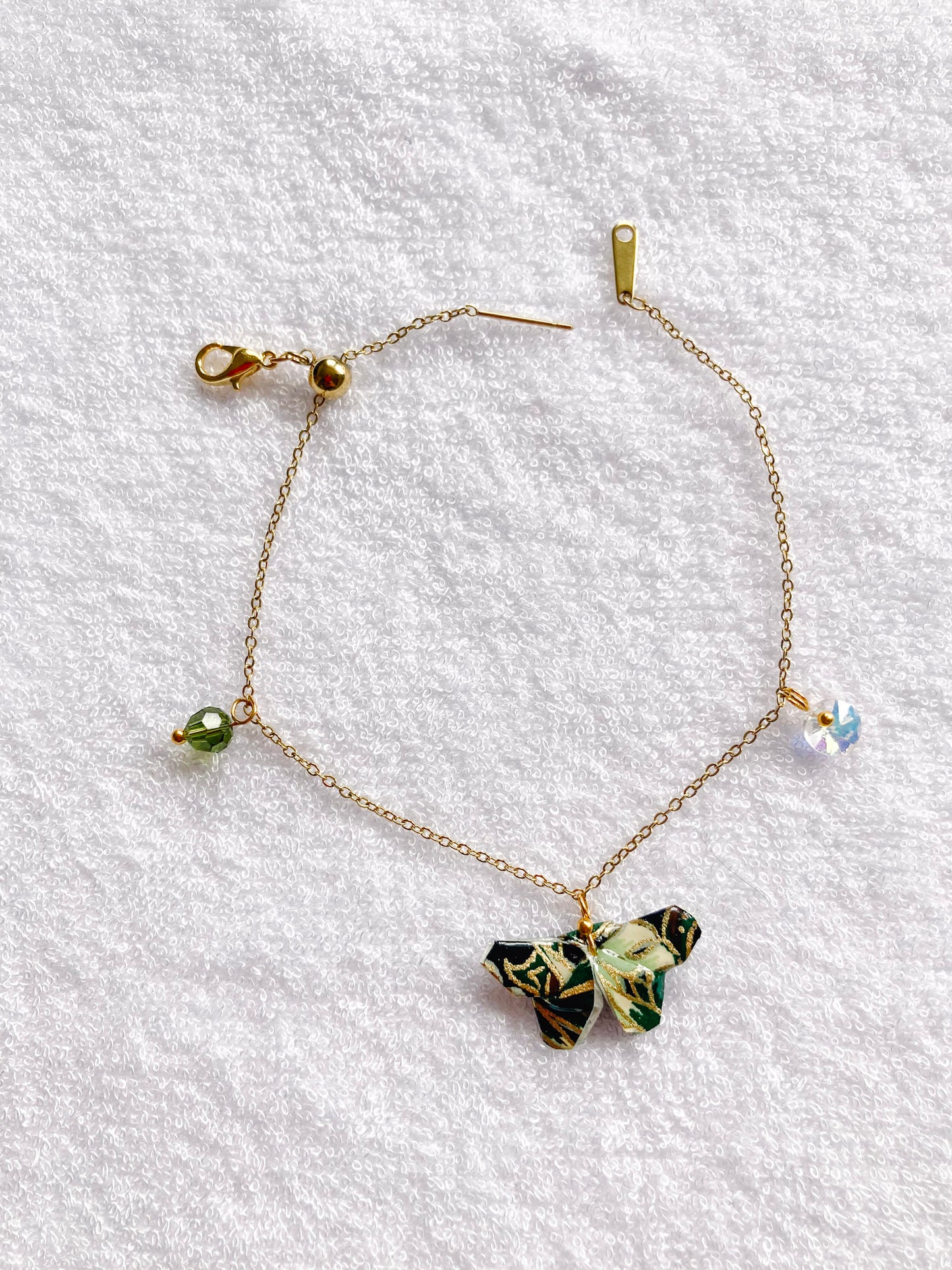Origami Bracelet - Green Paper Butterfly, Gold Chain, Swarovski Crystals