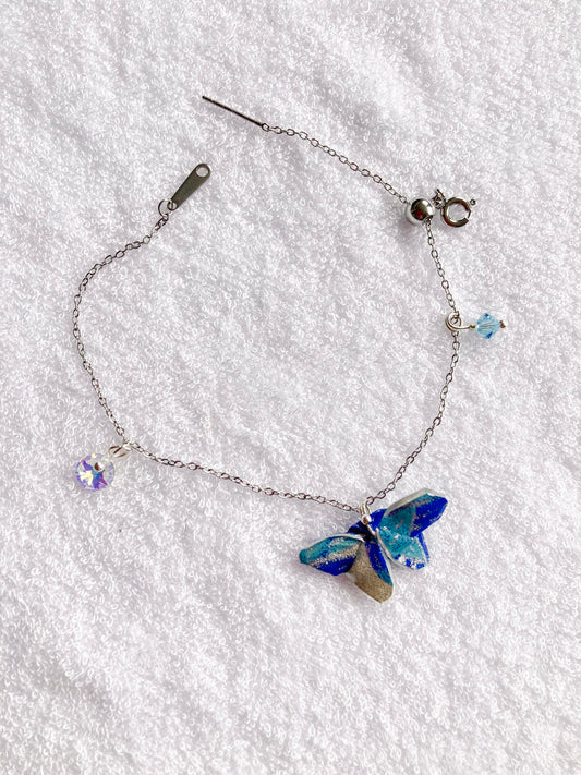 Origami Bracelet - Silver Blue Paper Butterfly, Silver Chain, Swarovski Crystals