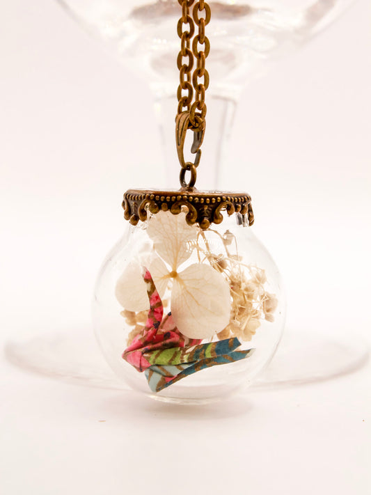 Origami Crane Vintage Necklace - Blush Blossom Terrarium