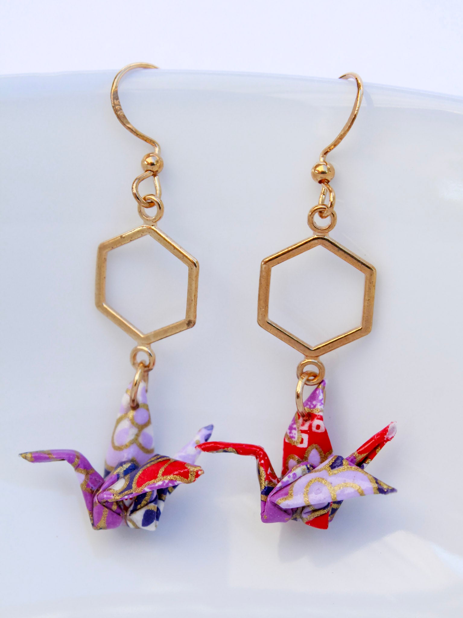Origami-Crane-Hexagaon-Earrings-Purple