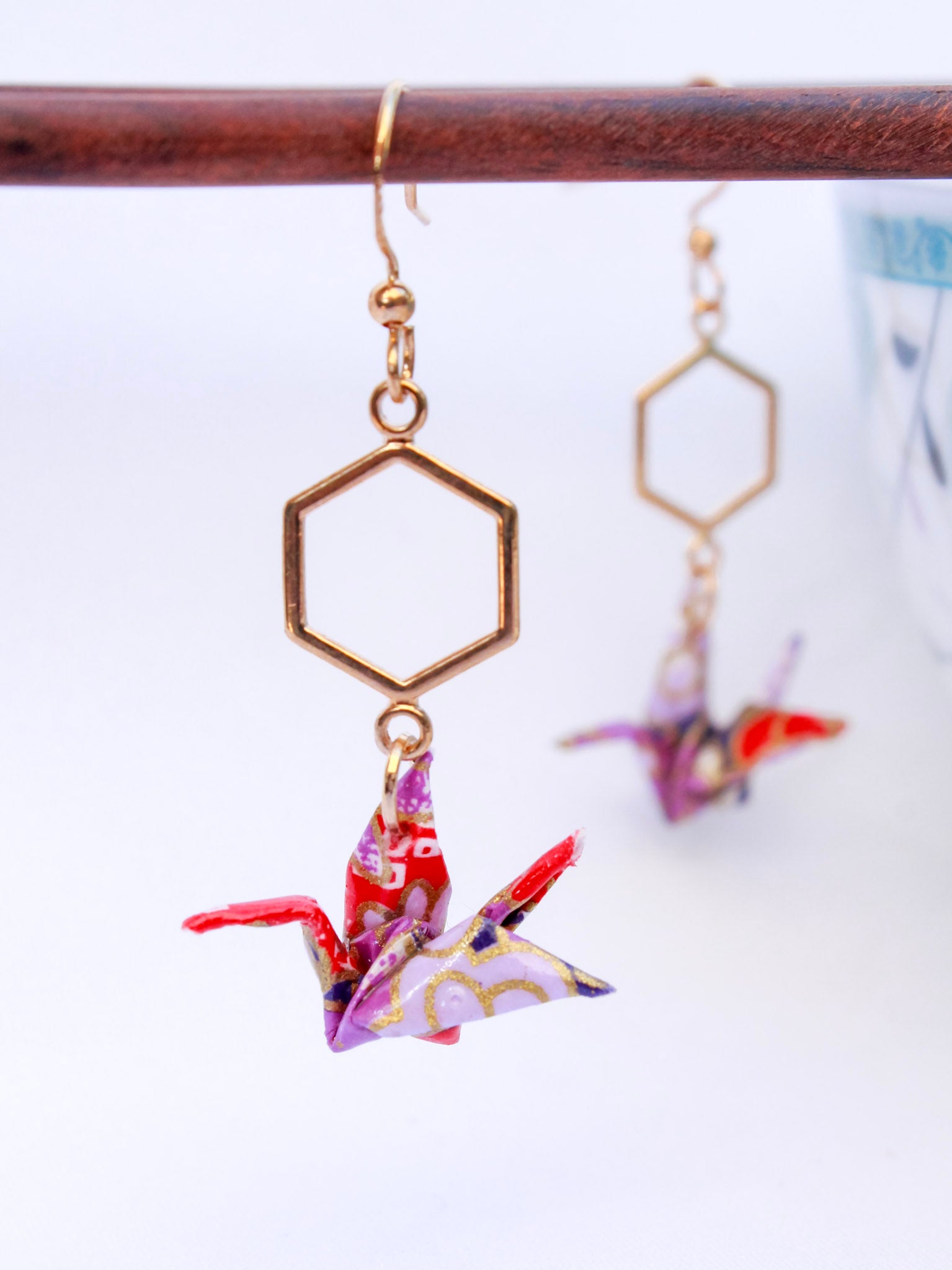 Origami-Earrings-Crane-Hexagon-French-Hooks-Purple