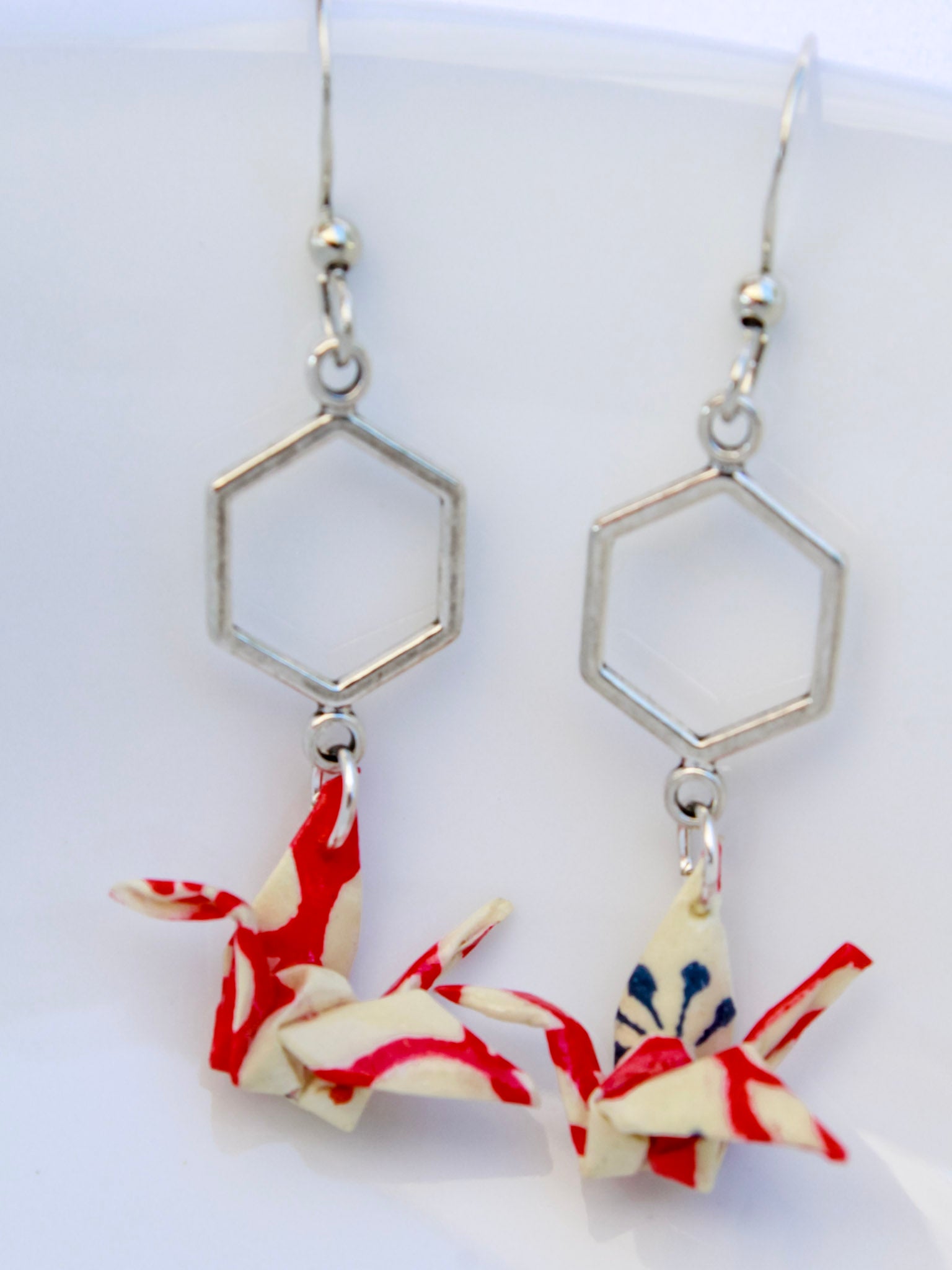 Origami-Crane-Hexagon-Earrings-Red
