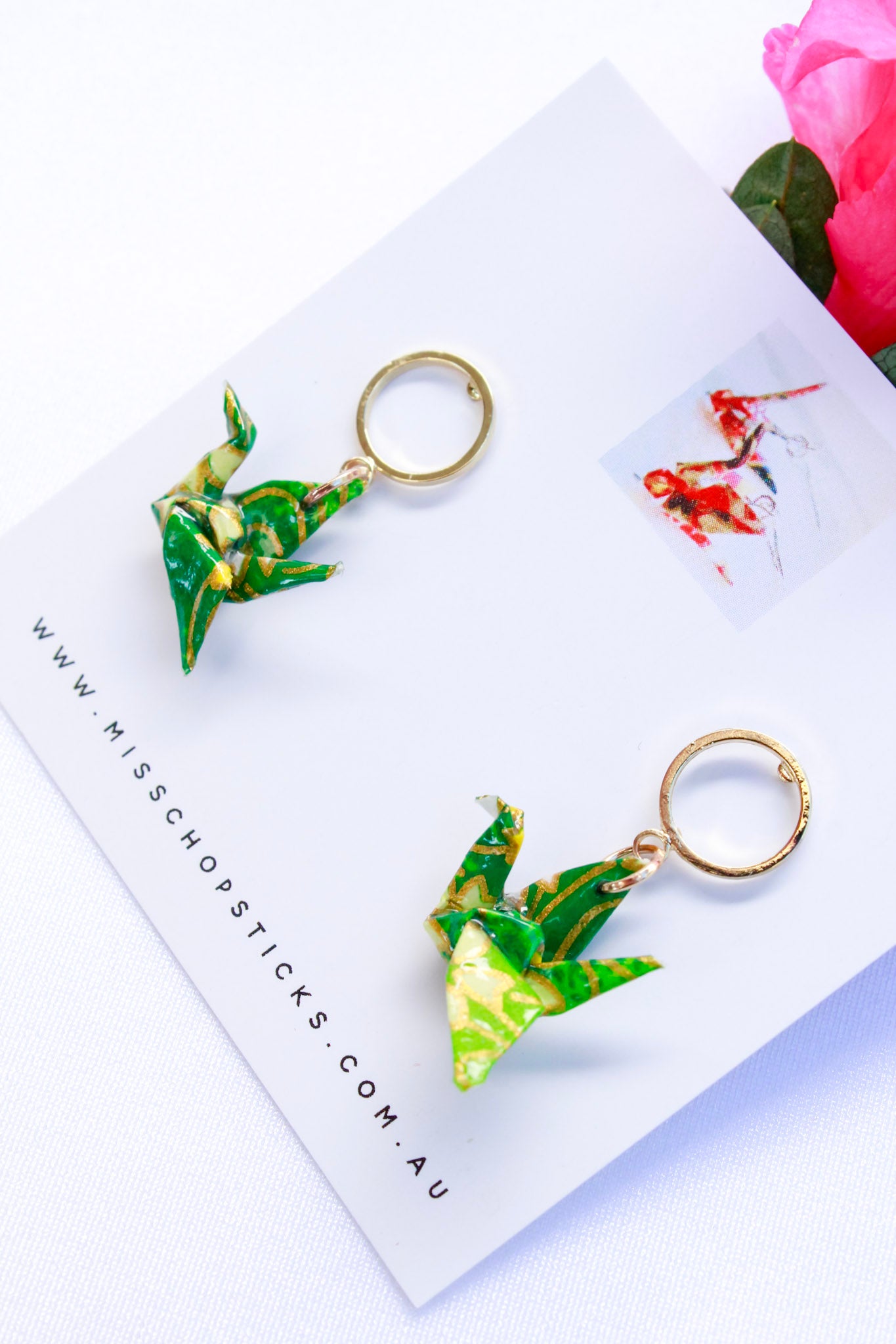 Origami-Earrings-Crane-Hoop-Stud-Green