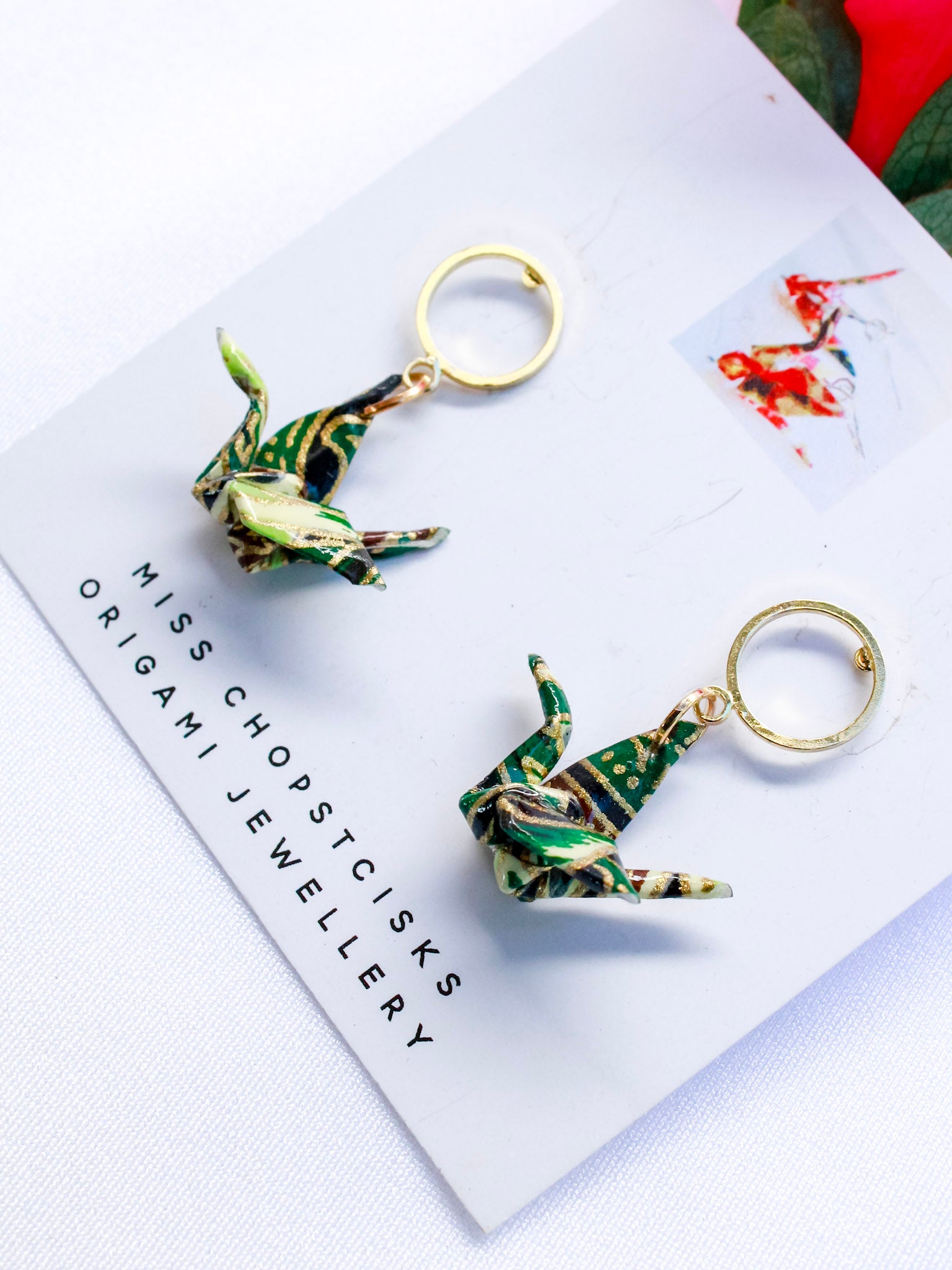 Origami-Earrings-Crane-Hoop-Stud-Deep-Green