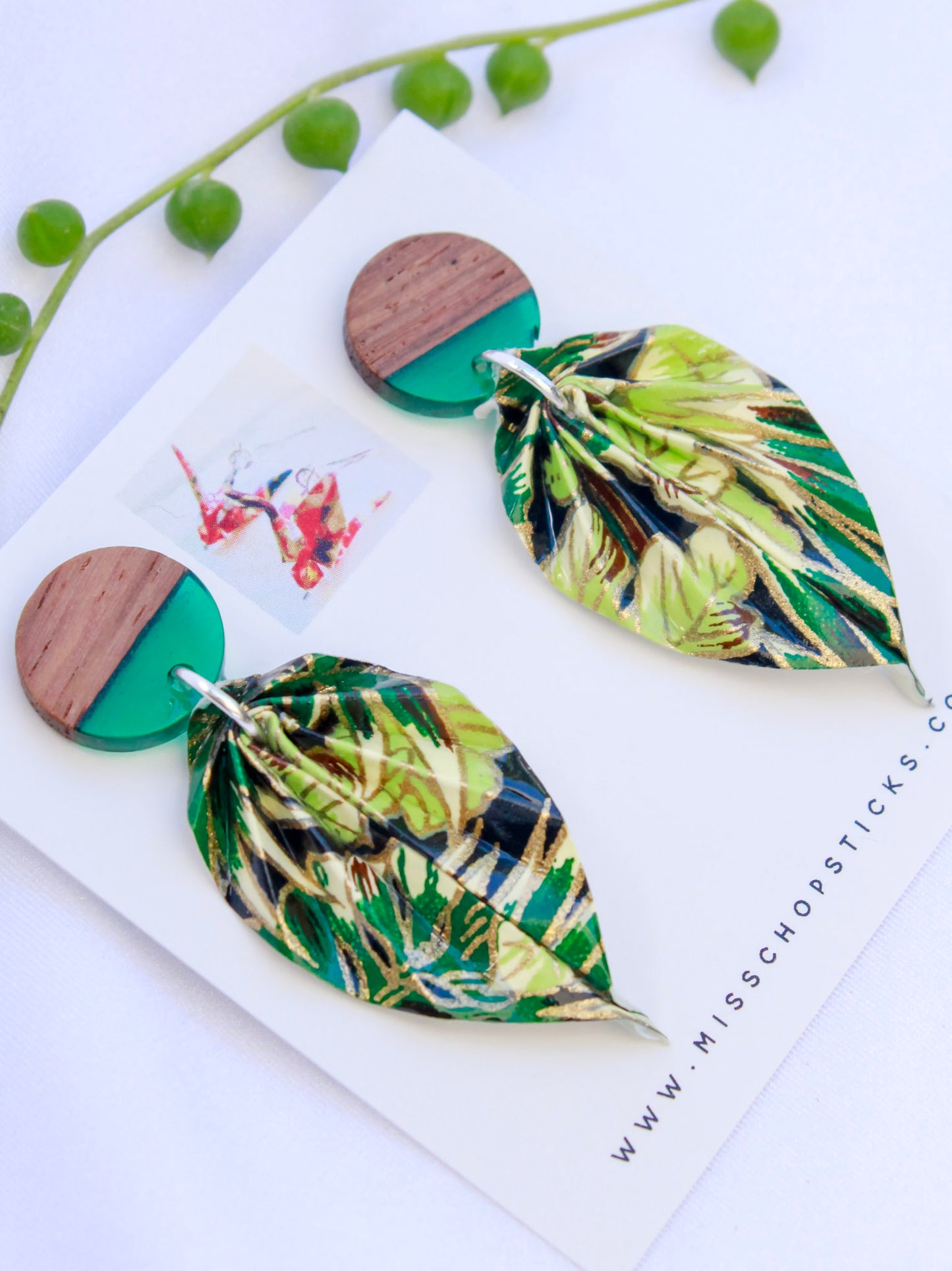 Origami-Earrings-Leaf-Wooden-Resin-Studs-Green