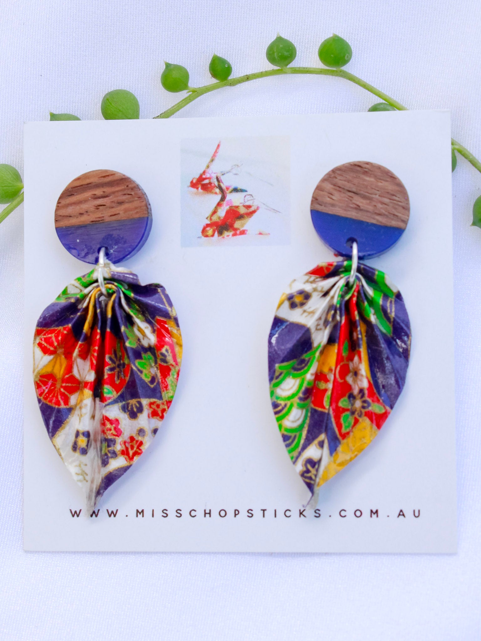 Origami-Earrings-Leaf-Wooden-Resin-Studs-Mixed-Blue