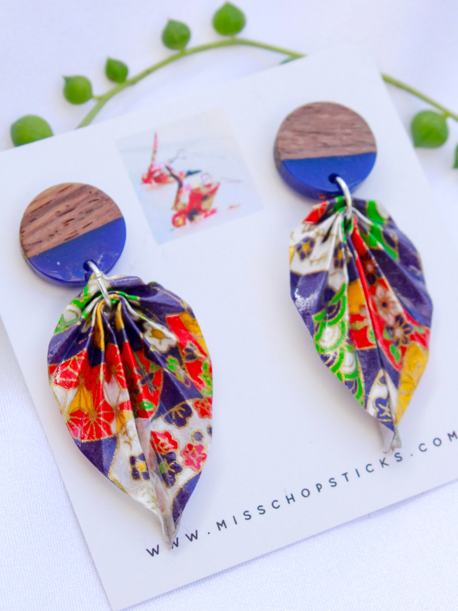 Origami-Earrings-Leaf-Wooden-Resin-Studs-Mixed-Blue