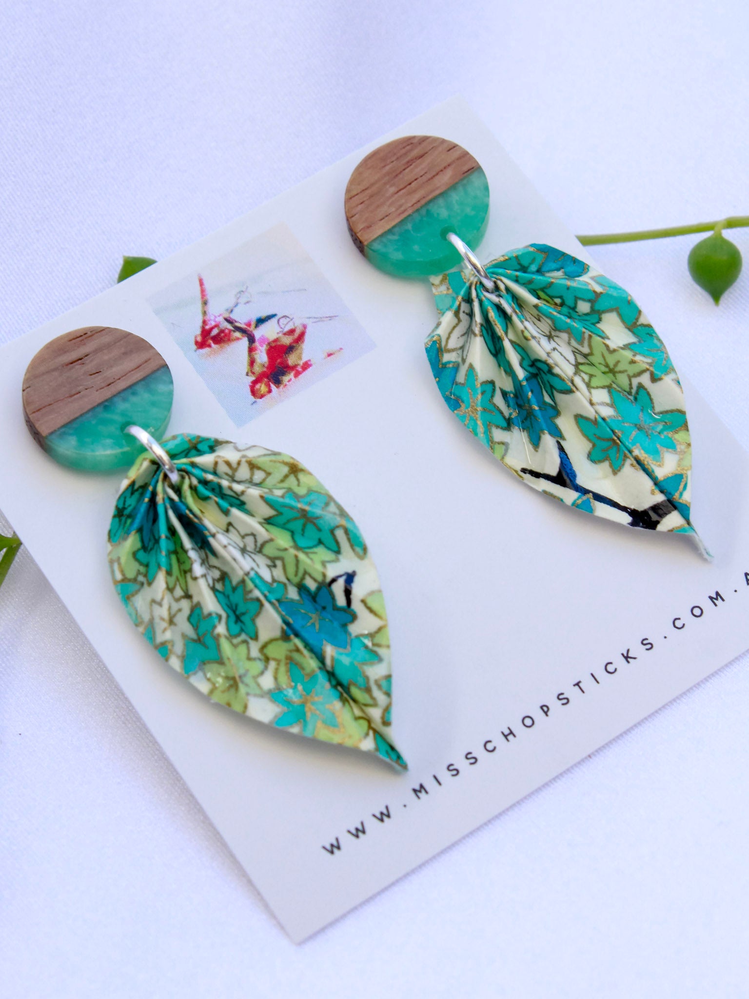 Origami-Earrings-Leaf-Wooden-Resin-Studs-Teal