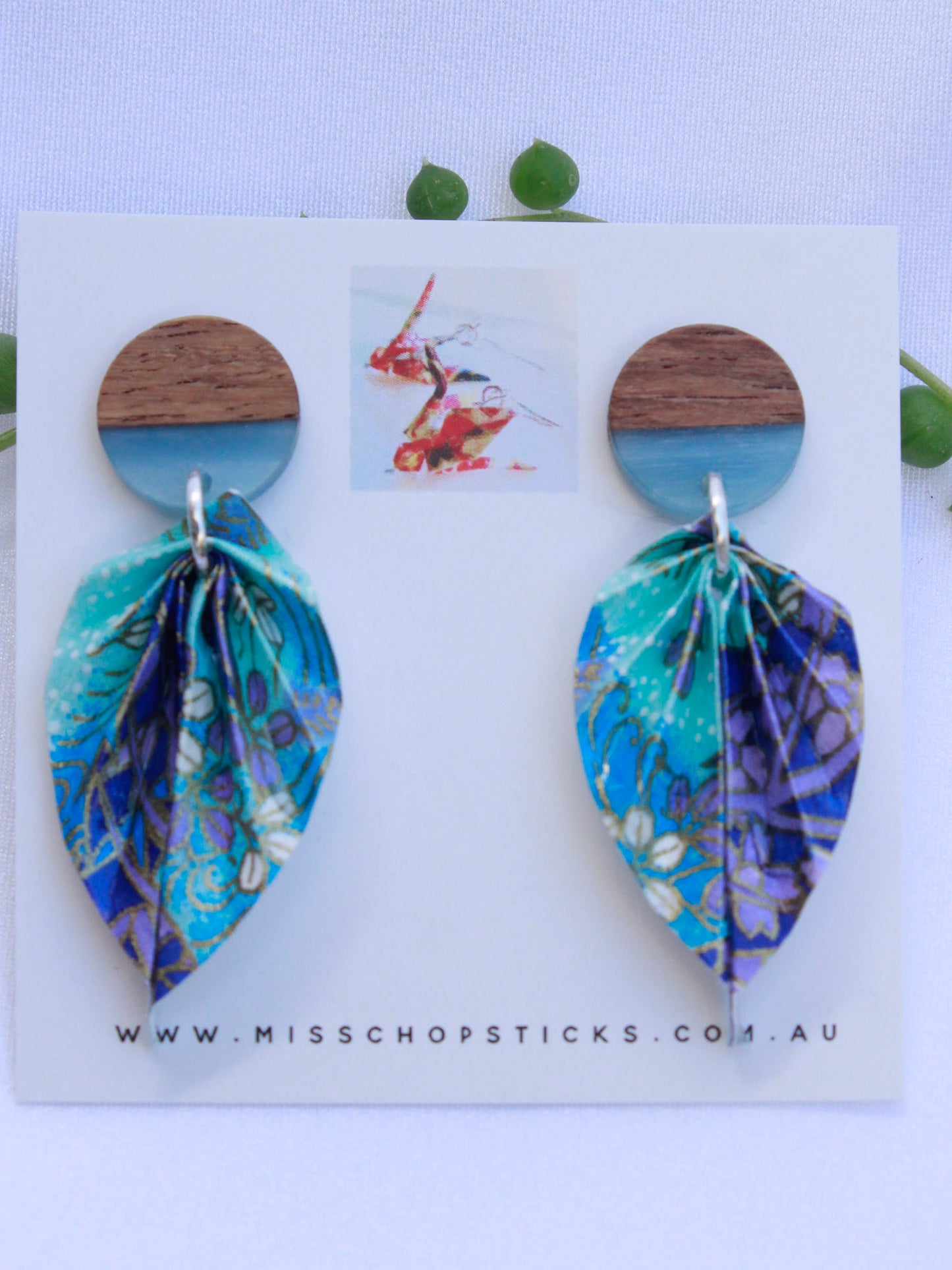 Origami-Earrings-Leaf-Wooden-Resin-Studs-Light-Purple