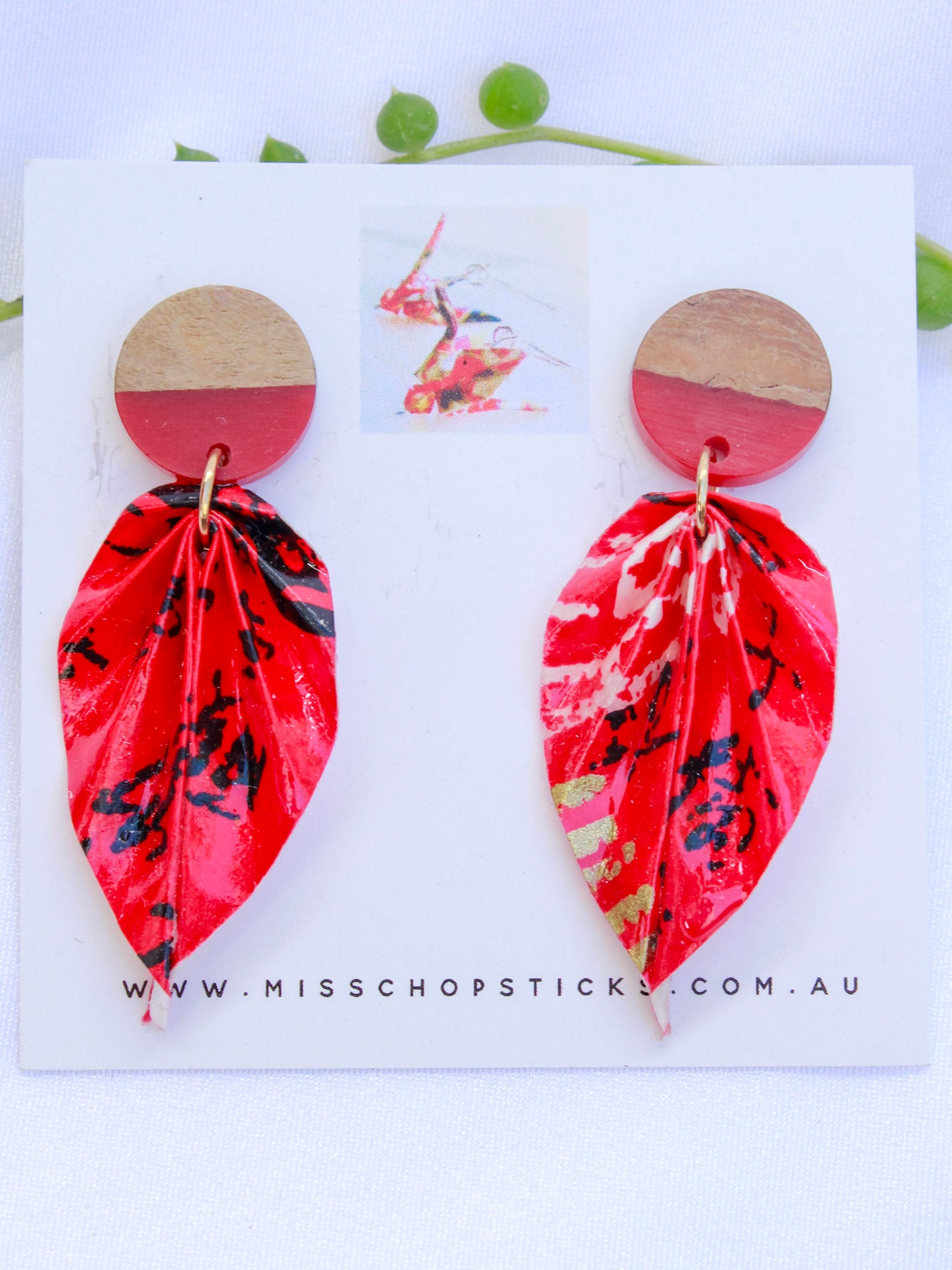 Origami-Earrings-Leaf-Wooden-Resin-Stud-Red