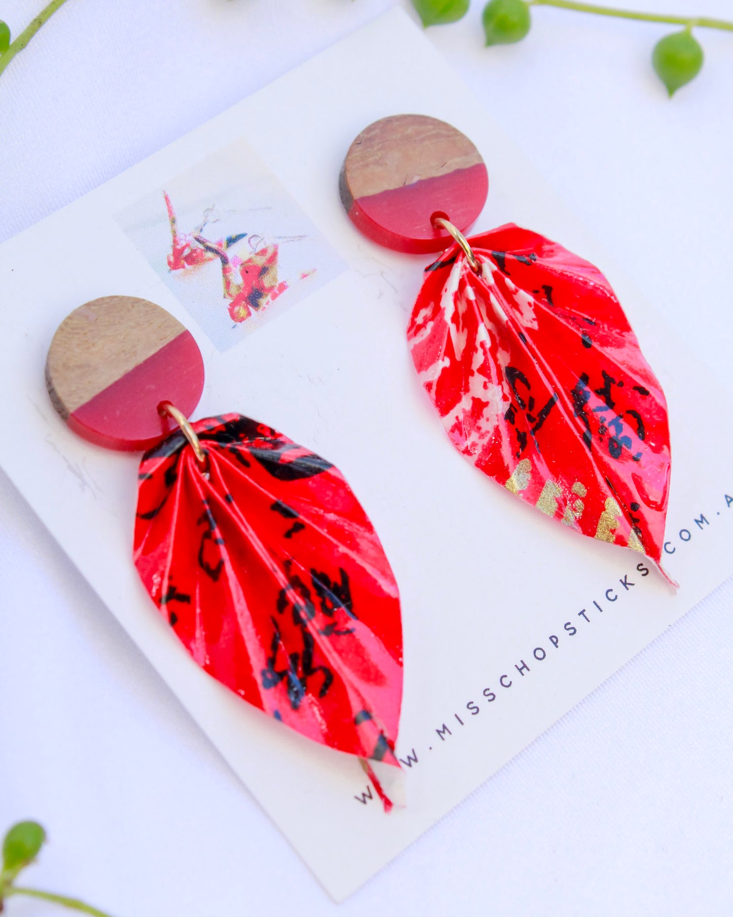 Origami-Earrings-Leaf-Wooden-Resin-Studs-Red