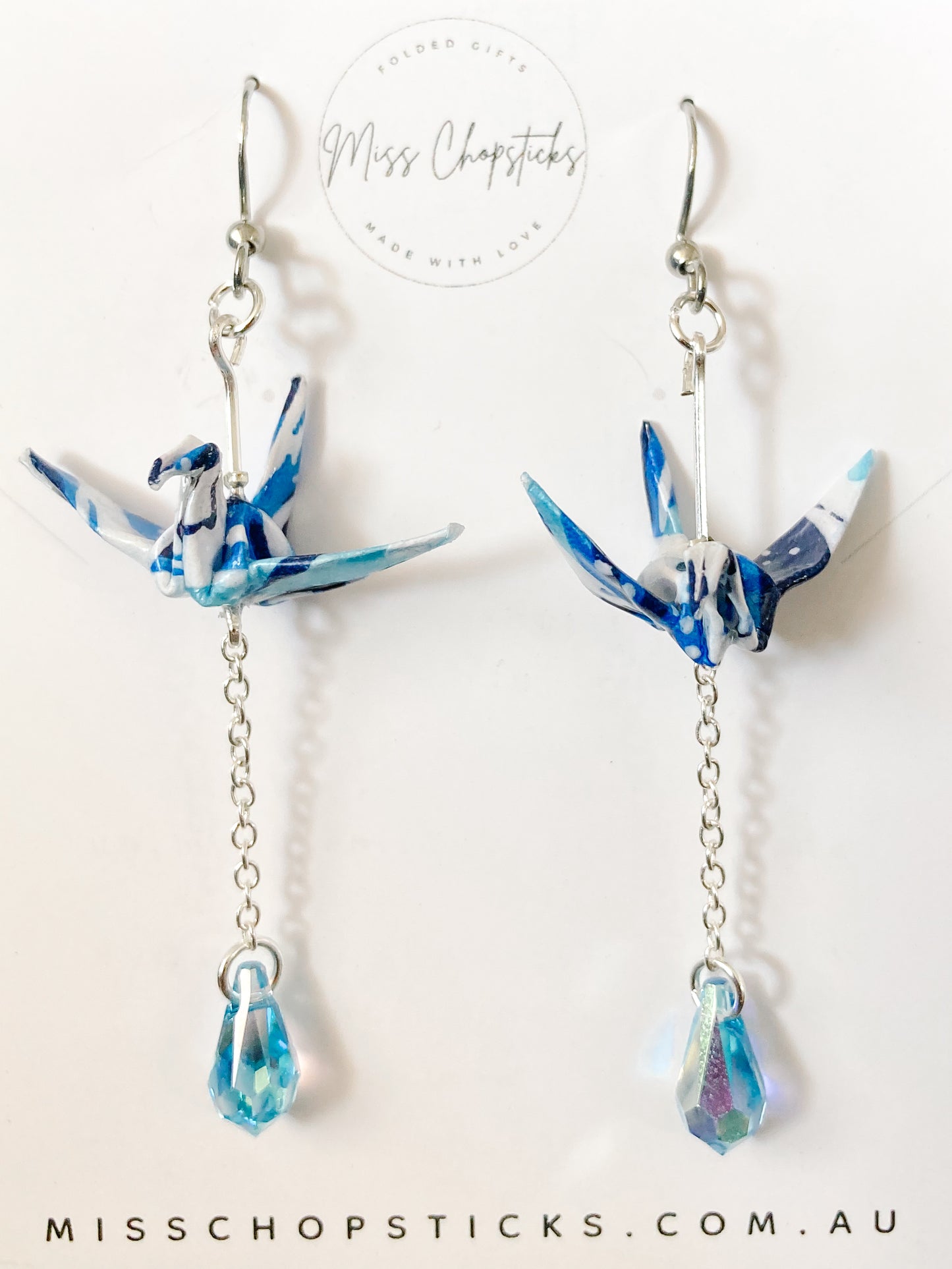 Origami Earrings - Swarovski Crane Cascade blue