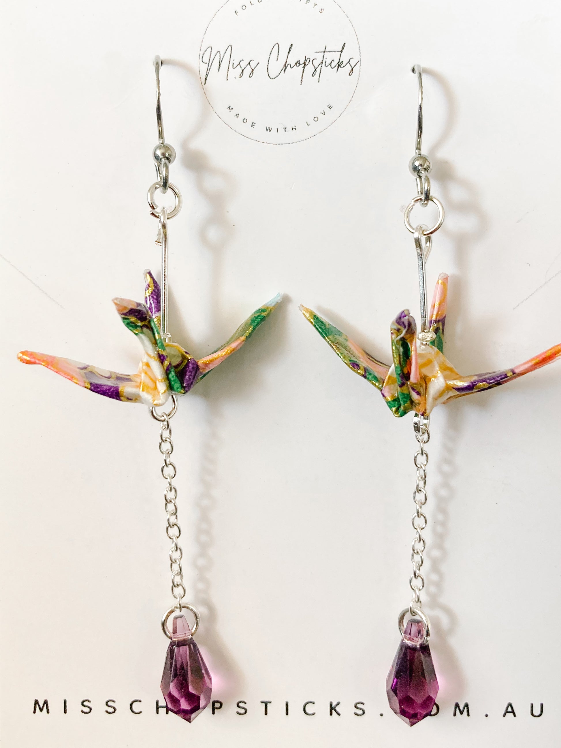 Origami Earrings - Swarovski Crane Cascade purple