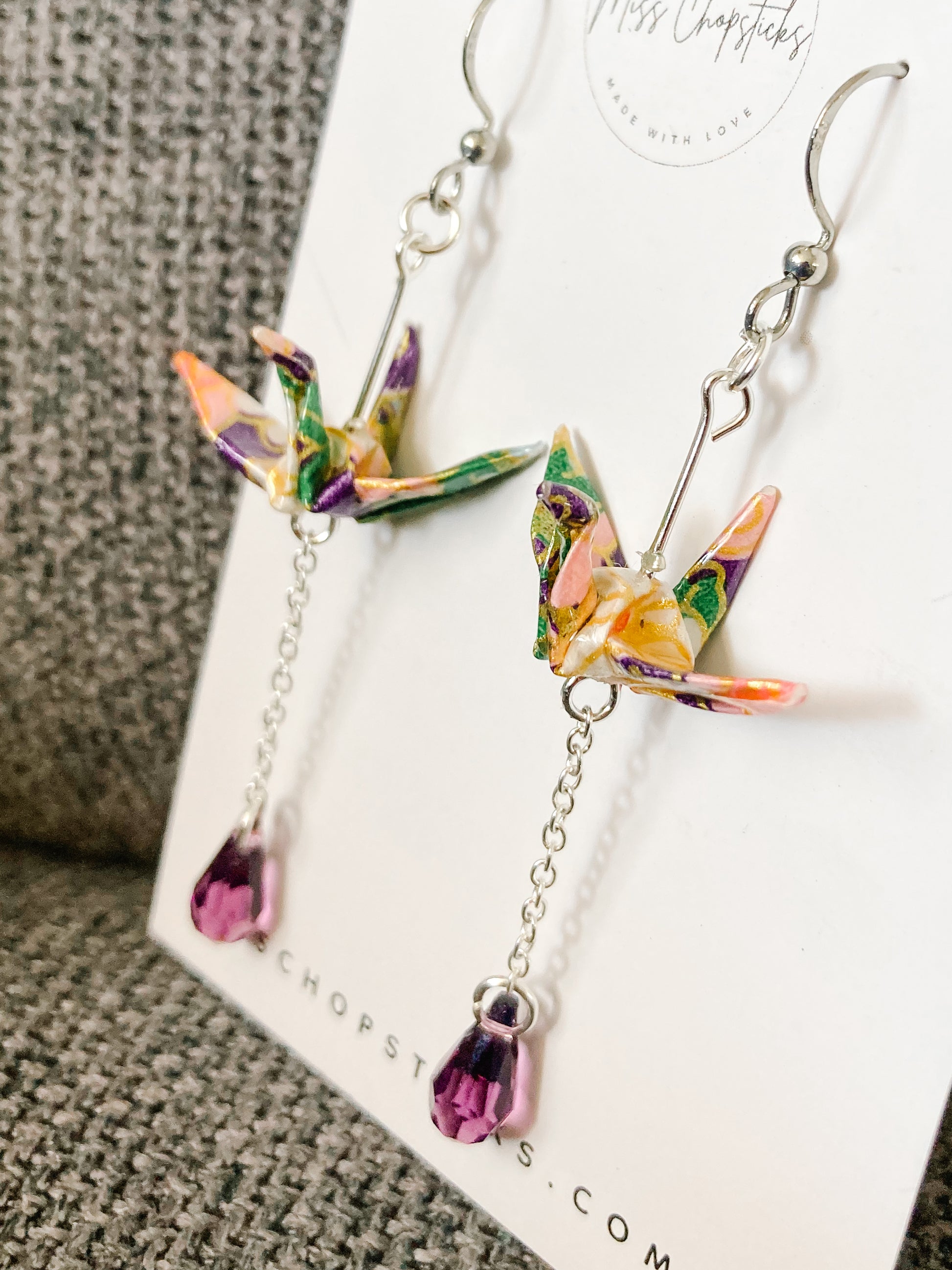 Origami Earrings - Swarovski Crane Cascade purple