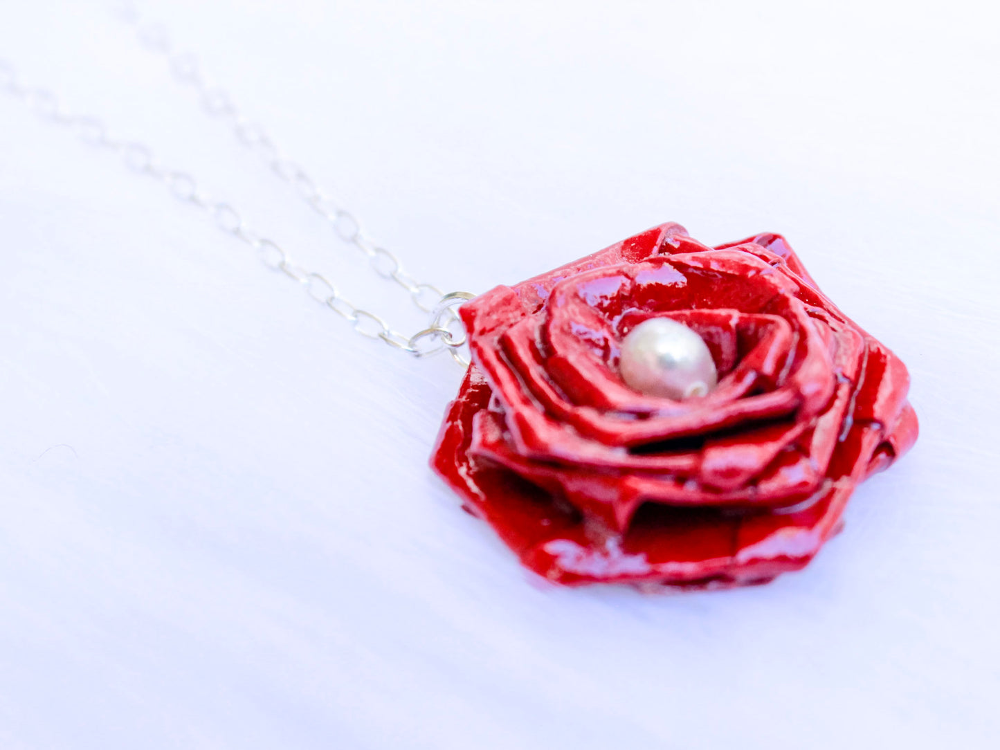 Origami Necklace - Rose Blossom with Fresh Water Pearl