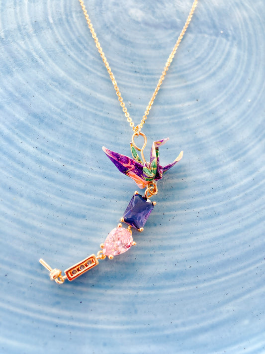 Origami Purple Crane Necklace Graceful Crystal Drops Necklace