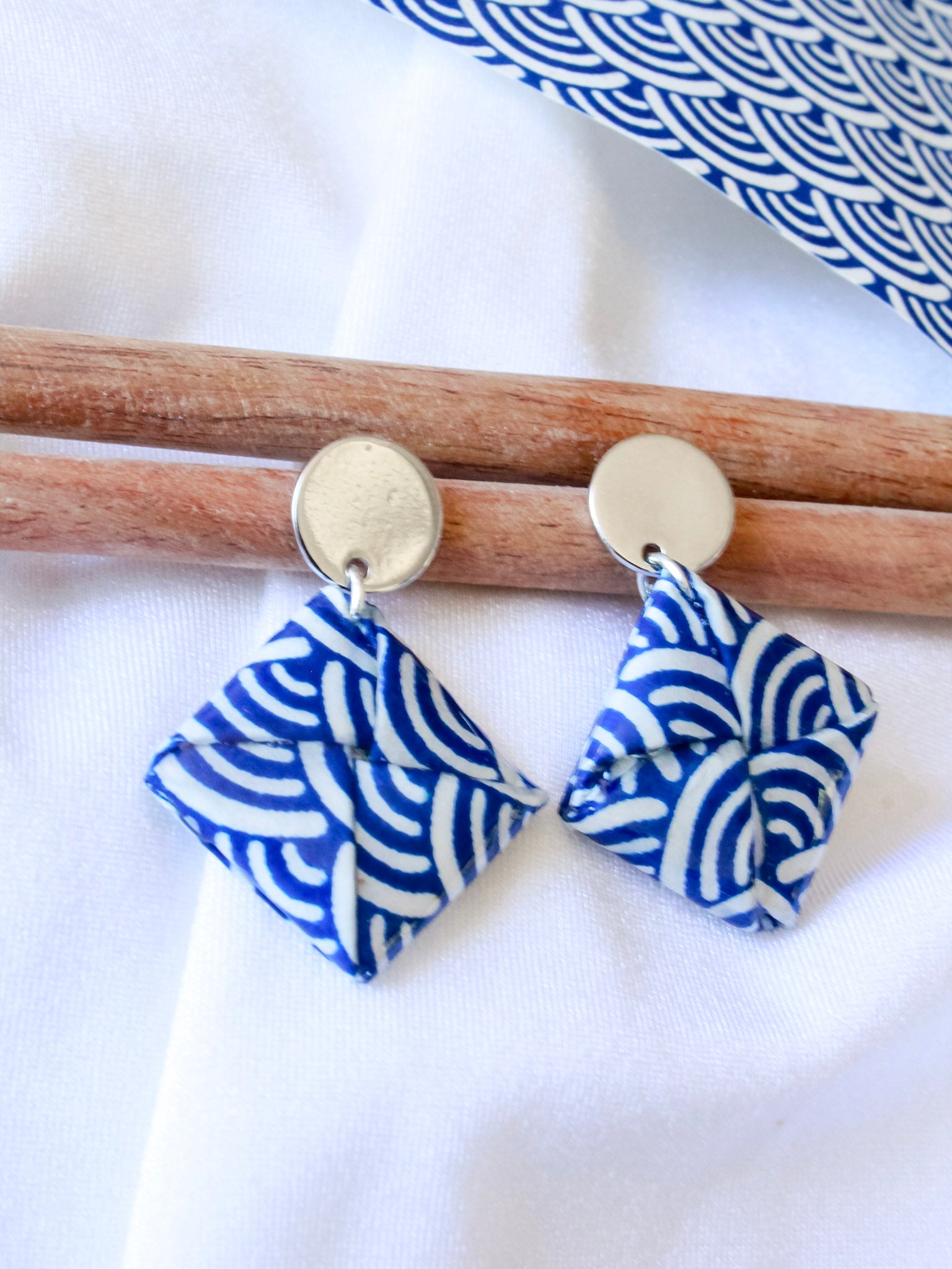 Handmade blue wave origami stud earrings – hypoallergenic, gold-plated stainless steel, ocean-inspired gift for her.