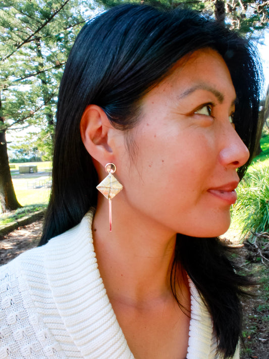 Handmade Silver grey floral origami dangle earrings – hypoallergenic gold-plated stainless steel, elegant jewellery for her.