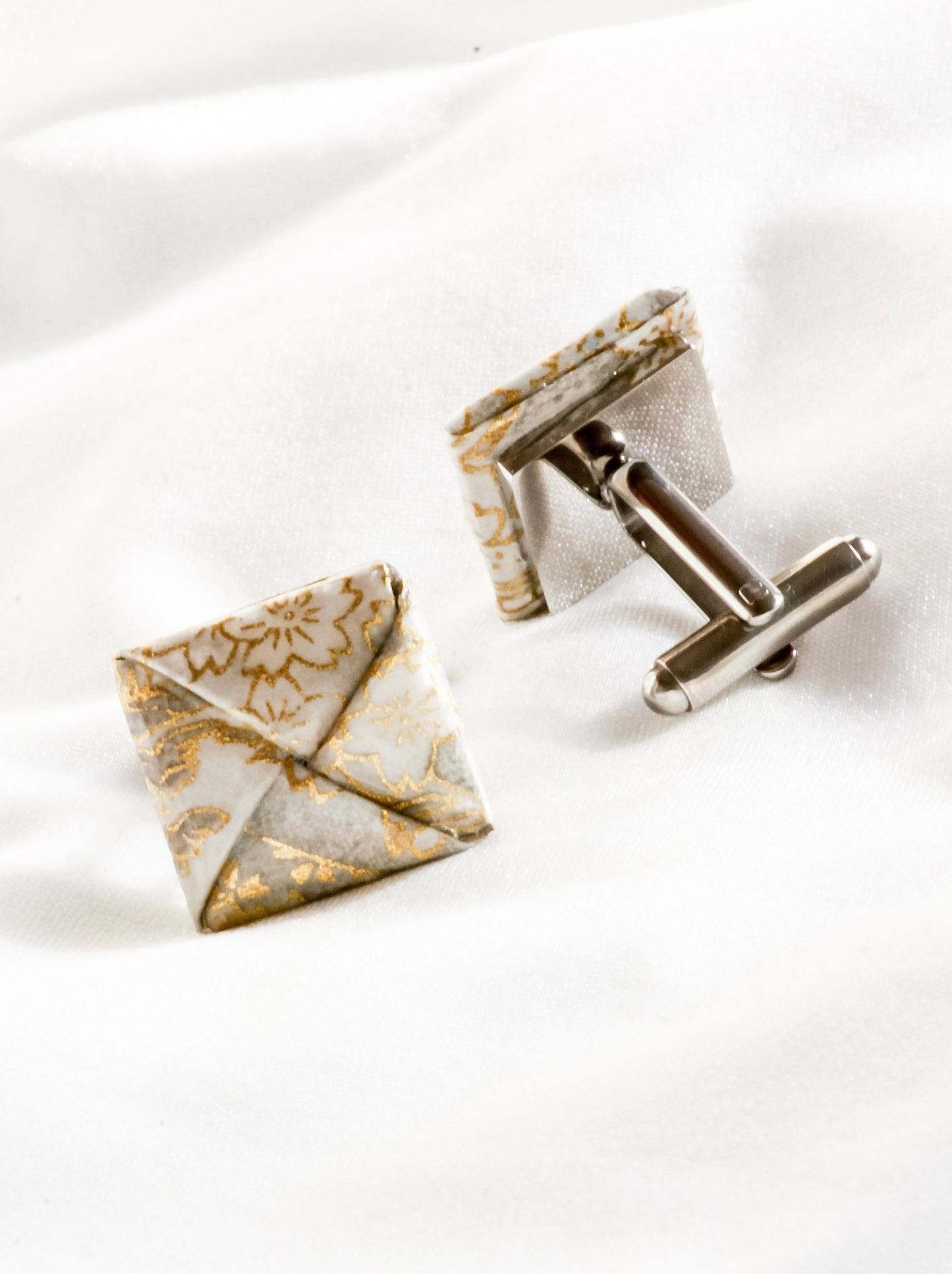Handmade Silver grey floral origami cufflinks – stainless steel, elegant wedding gift for him.