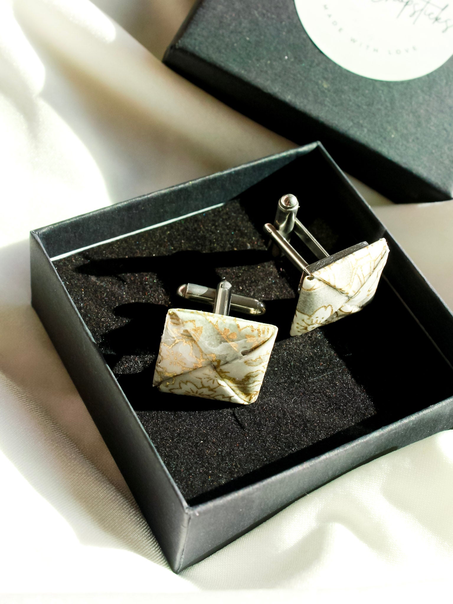 Handmade Silver grey floral origami cufflinks – stainless steel, elegant wedding gift for him.