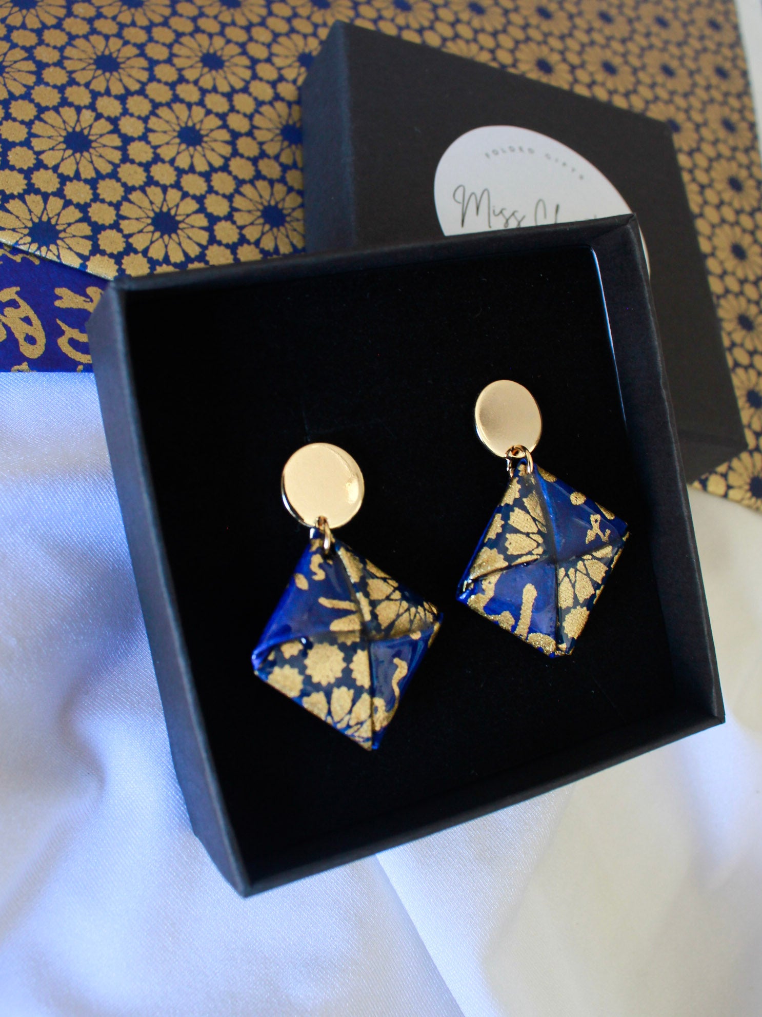 Navy gold; origami square stud earrings – hypoallergenic gold-plated stainless steel, meaningful gift for her.