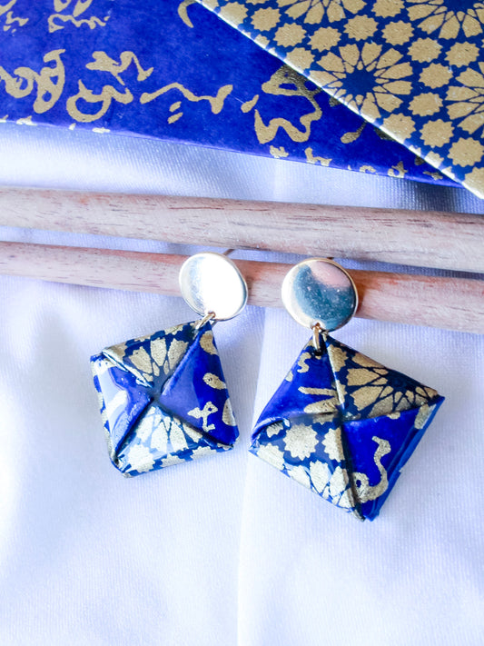 Navy gold; origami square stud earrings – hypoallergenic gold-plated stainless steel, meaningful gift for her.