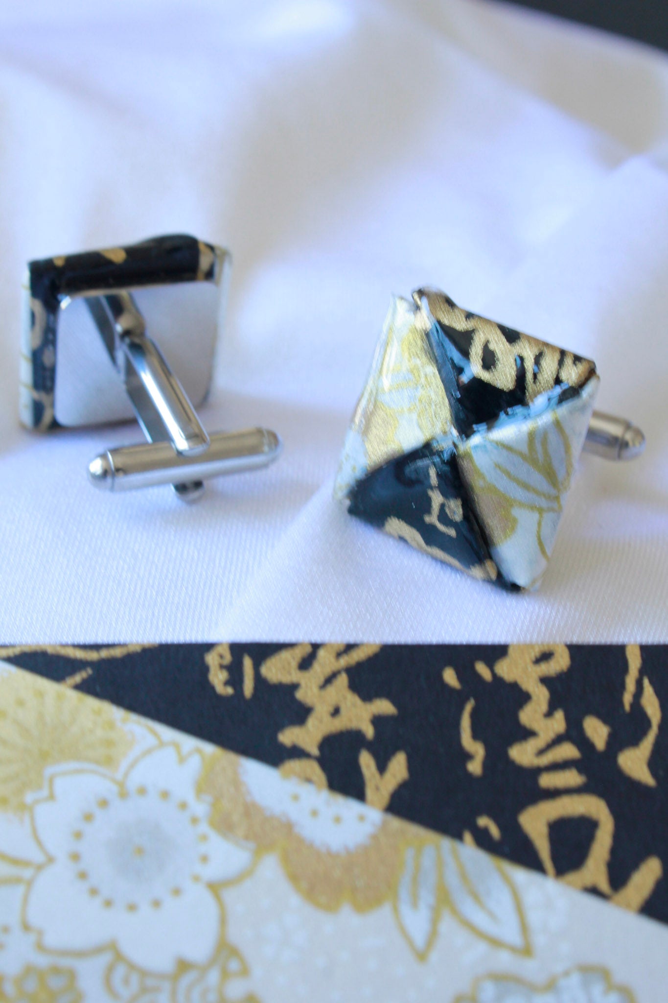 Black & gold floral origami cufflinks – stainless steel, timeless love gift for him.