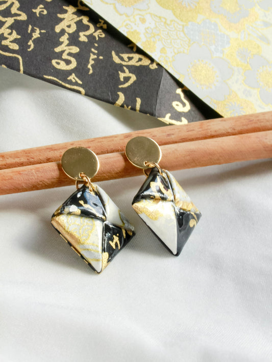 Black and gold floral origami stud earrings – hypoallergenic gold-plated stainless steel, timeless love gift for her.