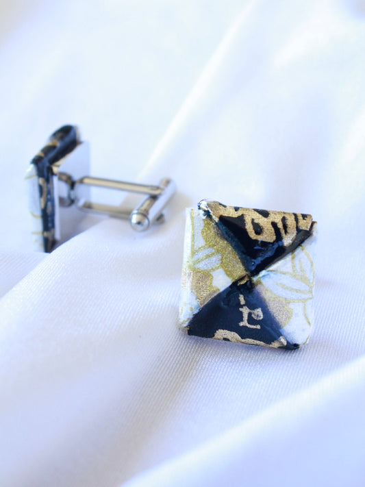Black & gold floral origami cufflinks – stainless steel, timeless love gift for him.