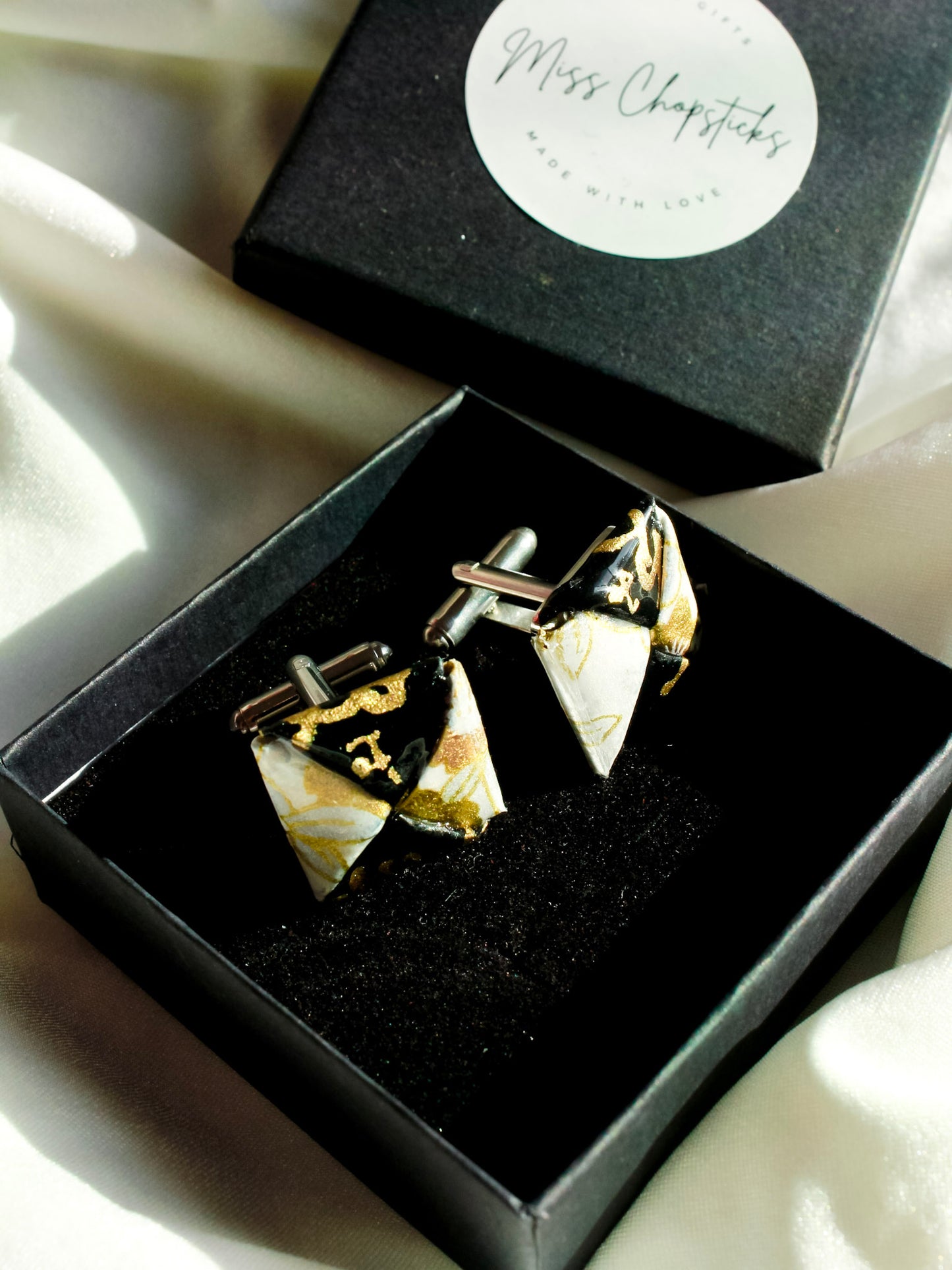 Black & gold floral origami cufflinks – stainless steel, timeless love gift for him.