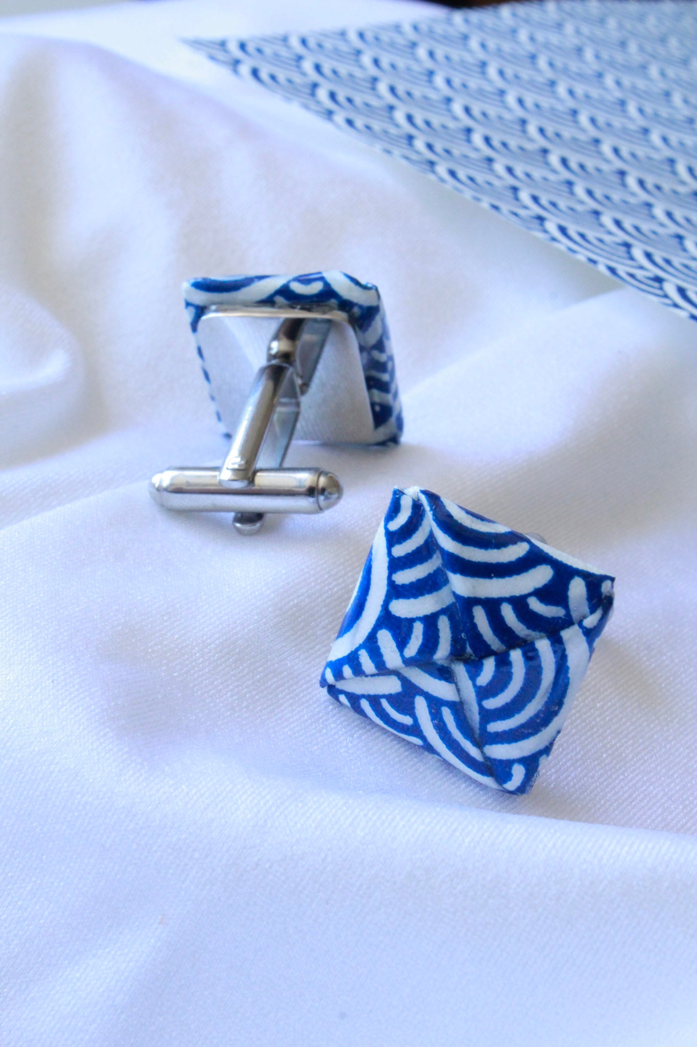Blue wave origami cufflinks – stainless steel, ocean-inspired wedding or anniversary gift for him. Father's Day or birthday gifts.
