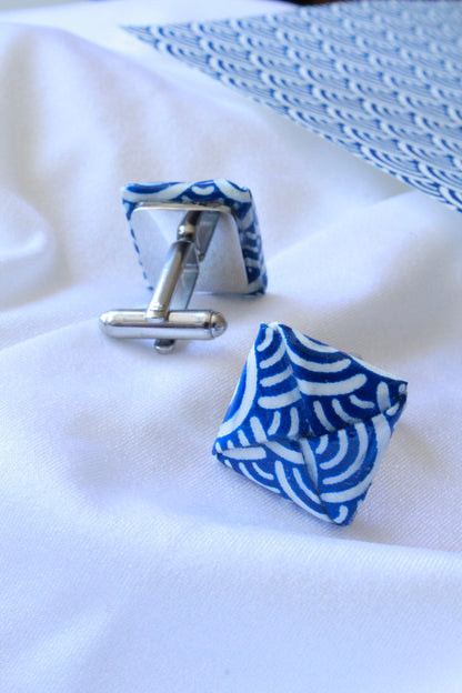 Blue wave origami cufflinks – stainless steel, ocean-inspired wedding or anniversary gift for him. Father's Day or birthday gifts.